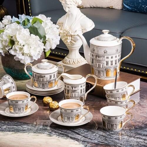 11Pcs/Set Architettura Design Bone China Tea Coffee Pot Milk Pot Sugar Bowl Cup and Saucer Set Retro tea cup set