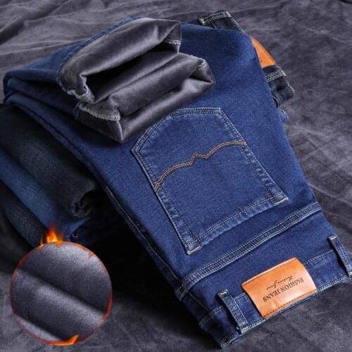 2020 New Winter Overweight Jeans Blue Black Regular Fit Stretch Thick Velvet Pants Warm Jeans Casual Fleece Trousers Male