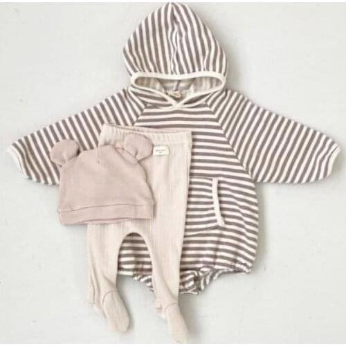 2021 New Fashion Baby Boy Hooded Bodysuit Infant Toddler Long Sleeve Jumpsuit Autumn Girls Clothes Newborn Striped Hoodie 0-24M