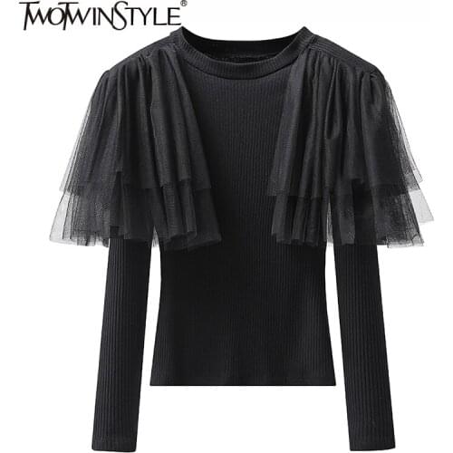 TWOTWINSTYLE White Casual Patchwork Mesh T-shirts Female Round Neck Long Sleeve Korean Fashion Slim Solid T-shirt For Women 2021