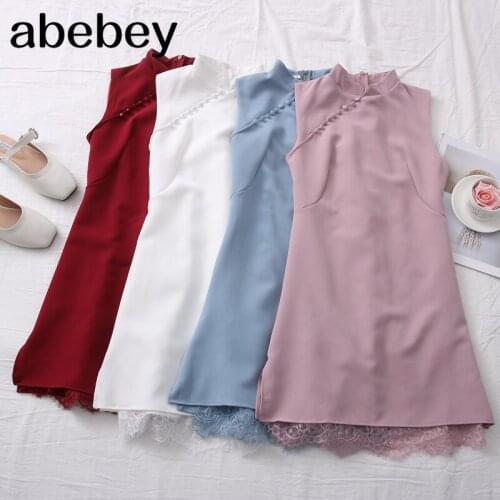 2021 New Spring Summer Retro versatile cheongsam stand collar Dress lace edge stitching sleeveless Dress slim short Dress