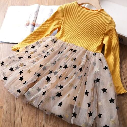Spring Autumn Baby Girl Clothes Casual Thin Long Sleeve Girls Dress Cute Star Sequins Mesh Princess Dress 2-6 Years Kids Clothes