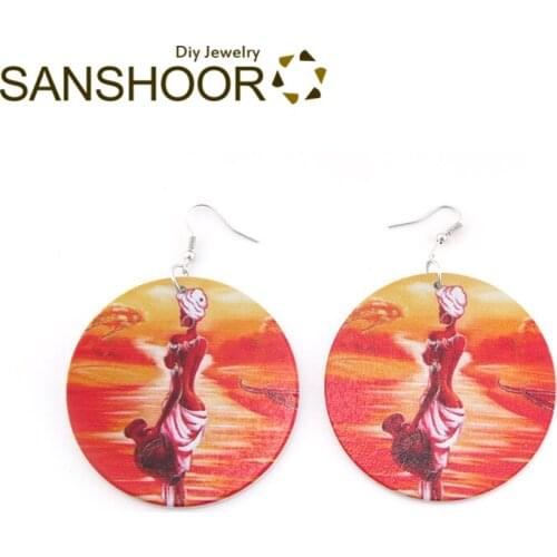SANSHOOR Vintage Headwrap Woman Wood Drop Earrings Afrocentric Ethnic Tribe Artistic Bohemia Jewelry For Black Women Gift 1Pair