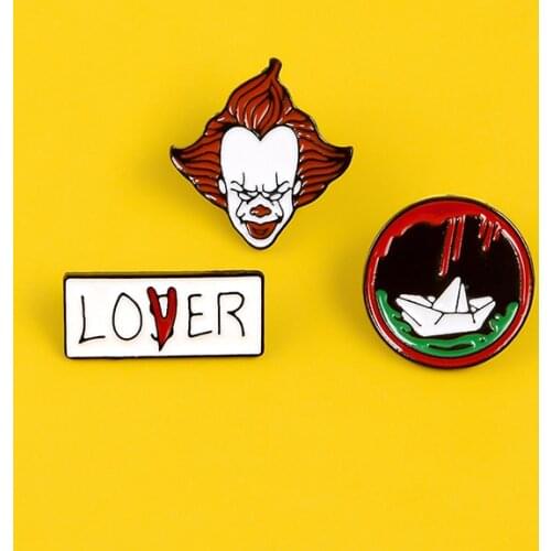 Movie Funny Clown Tomato Green Blood Paper Boat LOVE Demon Badge Custom Enamel Jewelry Brooch Shirt Lapel Pin Friends Gift