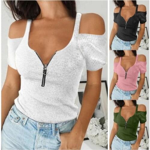 Women Elegant Zip V Neck Short Sleeve Slim Tops Sexy Lady Solid Tee Shirt Streetwear Casual Shirt Blusa Dropshipping