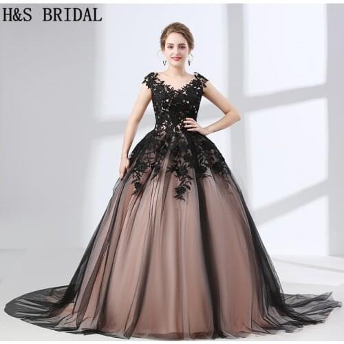 H&S BRIDAL Black Lace Ball Gown Prom Dresses vestido Champagne Party Evening Gowns Tulle Lace Up Formal Evening Gown In Stock