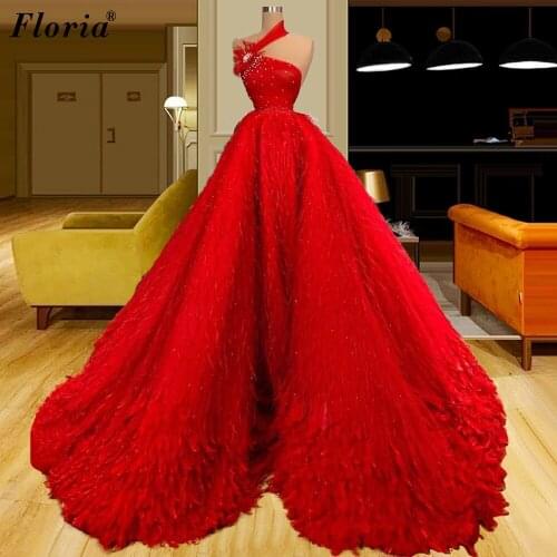 2 Designs Princess Red Prom Dresses A-Line Elegant Pearls Evening Dresses For Women 2021 Feathers Pageant Dresses Vestidos