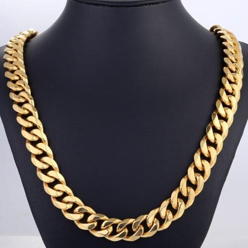 316L Stainless Steel Necklace For Men Women 14mm Wide Heavy Gold Color Curb Cuban Link Chain Mens Boys Jewlry Gifts LHN62