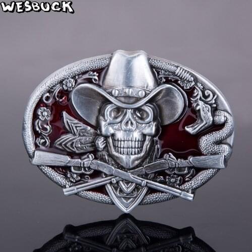 5Pcs MOQ WesBuck Brand Western Cowboy Skull Belt Buckle New Western Rodeo Skull Cowboy Black Enamel Oval Vintage Belt Buckle