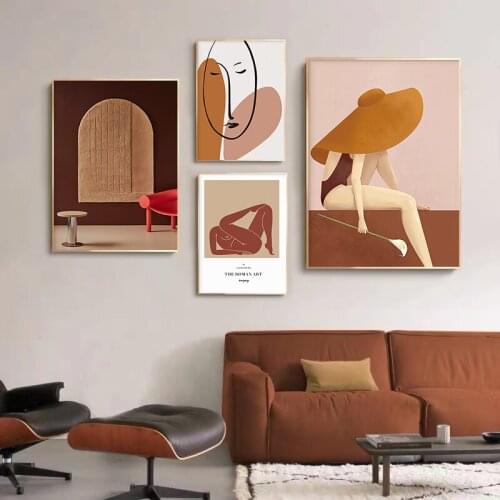 Abstract Line Face Orange Posters and Prints Nordic Woman Pictures Wall Art Landscape Canvas Painting for Living Room Home Decor