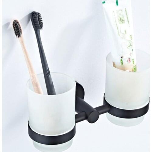 Cup Tumbler Holders Double Toothbrush Tooth Black Cup Holder Cups Wall-mount Bathroom Accessories Bath Hardware Set