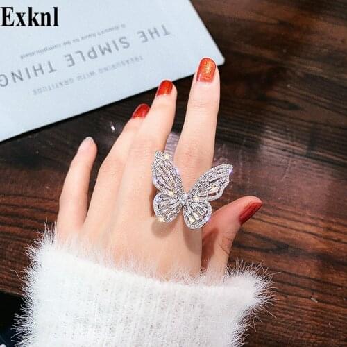 Exknl Luxury Crystal Rings for Women 2020 Open Adjustable Shine Bridal Butterfly Rings Weddings Party Jewelry Christmas Gifts