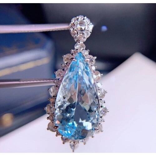 H102 Fine Jewelry 18K White Gold AU750 Natural Blue Aquamarine 5.63ct Gemstones Diamonds Ladys Pendants for Women Fine Necklace