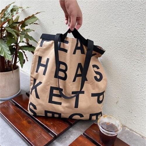 Korean Letters Logo Print Canvas Tote Bag Lazy Cotton Shoulder Bag Big Reusable Shopping Bag Fashion Handbag For Women Ladies