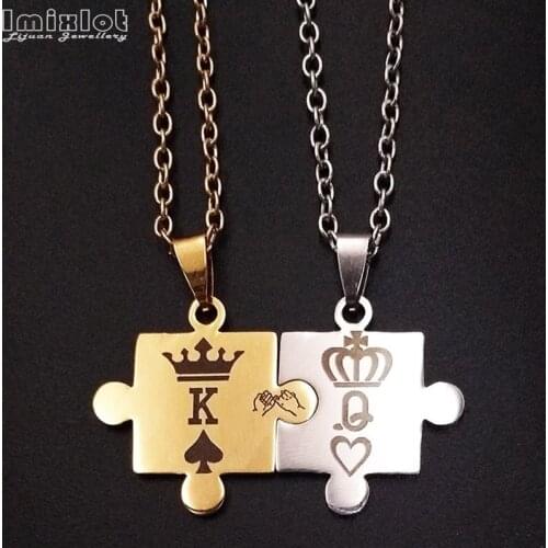 Imixlot 1pc/2pcs Puzzle Necklace For Couples Stainless Steel King & Queen Pendant Necklace Lovers Girl/Boyfriend Jewelry Gifts
