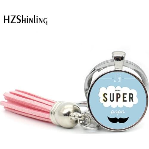 2017 New Fashion French J'ai un Super PAPA Tassel Key Chain Round Je Suis Une Super TATA Glass Dome Key Ring Wholesale