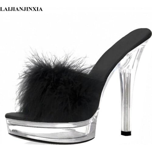 LAIJIANJINXIA New 13 Cm Fetish High Thin Stripper Heeled Shoes Sweet Pink Crystal Slippers Crystal Exotic Models Party Sheos
