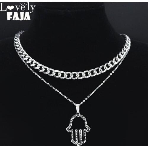 2pcs Stainless Steel Hamsa Hand Chain Necklace Women/Men Silver Color Choker Necklaces Jewelry collier main de fatma N4897S03