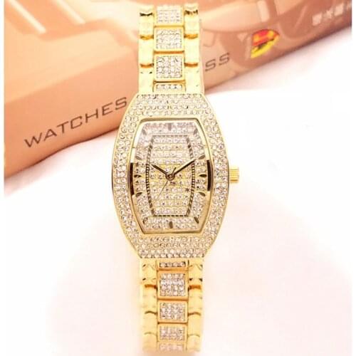 Luxury Brand Full Diamond Fashion Design Tonneau Quartz Watch for Women Casual Waterproof Stainless Steel Wrist Watch Femme