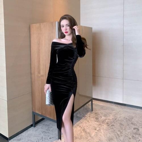 S-XL Plus Size Sheer Velvet Dress for Women Long Sleeve High Split Sexy Dresses for Women 2021 Party Womens Dresses New Arrival