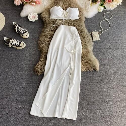 Sexy tube top two-piece fashion a-line high waist slim one-step skirt mid-length split hip skirt