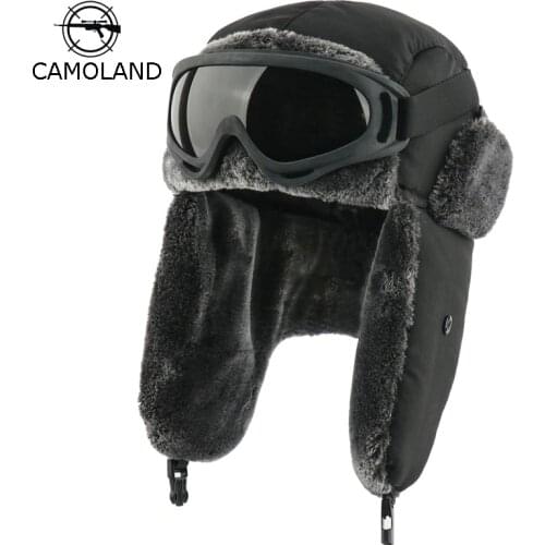 Winter Waterproof Bomber Hats Earflap Russian Ushanka with Goggles Men Womens Trapper Pilot Hat Faux Fur Thermal Snow Caps