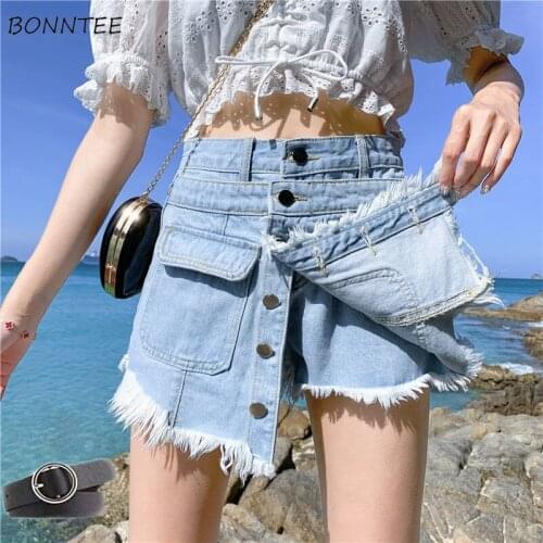Shorts Women Fashion Denim High Waist Tassel Oversize Button Korean Style Pockets Girl Wide Leg All-match Fake Two Pieces Summer