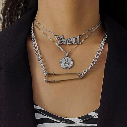 TIMEONLY Street Style Multi Layer Pin Coin Chinese Characters Moon Star Pendant Necklaces for Women Necklace Creative Jewelry