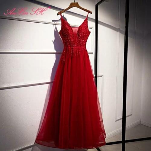 AnXin SH princess wine red lace evening dress vintage party spaghetti strap sleeveless beading crystal bride evening dress