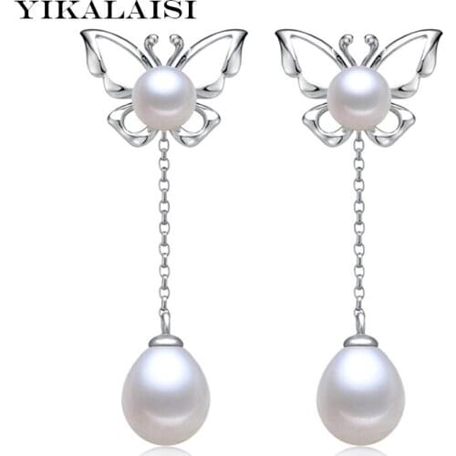 YIKALAISI 2017 fashion natural pearl long earrings for women 925 sterling silver jewelry for women stud earrings gift