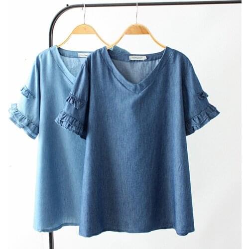 2019 Large size Denim T-shirt top Women Spring Summer Ruffle Short sleeve Tee Female Tencel Loose Casual Tops Cotton Tshirt G107