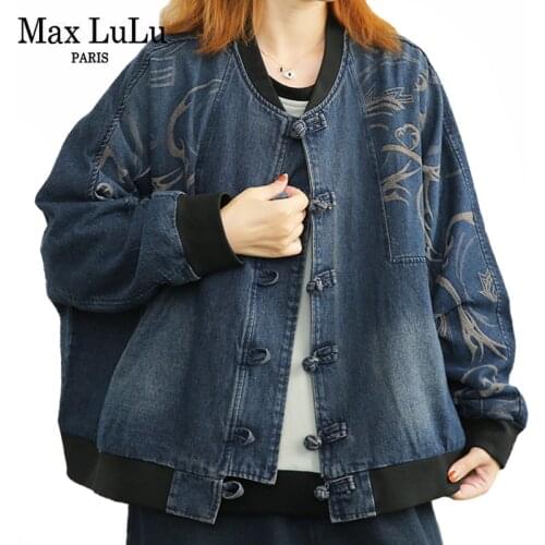 Max LuLu British Denim Printed Blue Jacket 2021 Autumn Women Button Loose Coat Female Harajuku Casual Clothes Vintage Streetwear