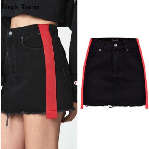Fashion Side Stripe Ribbon High Waist Jeans Skirts Women High Street Double Side Woven Ribbon Black Summer Denim Saias Mujer