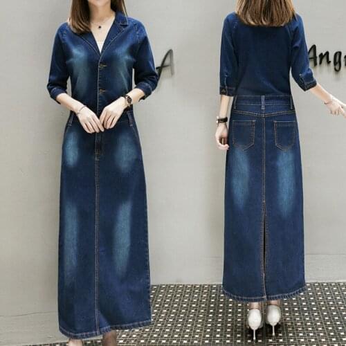 2020 New Spring Autumn Plus Size 5XL Long Denim Dress Women Korean Elegant Slim V-Neck Seven Sleeves Vintage Femme Vestidos Z385