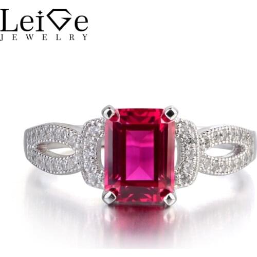 Leige Jewelry Ruby Rings for Women Emerald Cut Engagement Anniversary Ring Birthday Gift Red Gemstone 925 Silver Jewelry