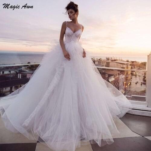 Magic Awn Bohemian Princess Wedding Dresses Spaghetti Straps Lace Appliques Puffy Beach A-Line Mariage Gowns Vestidos Branco