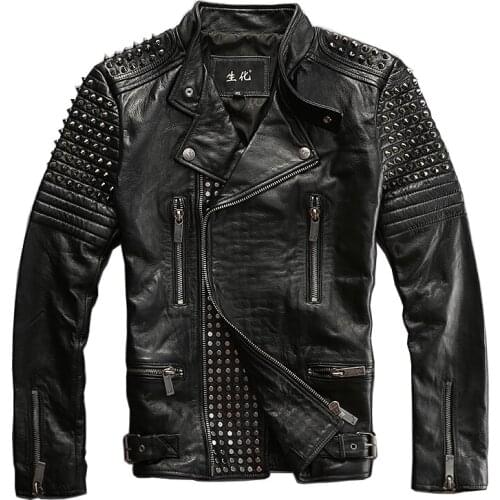 1665 Read Description! Asian Size Mens Punk Rivet Motorcycle Rider Cow Leather Jacket Stylish Genuine Cowhide