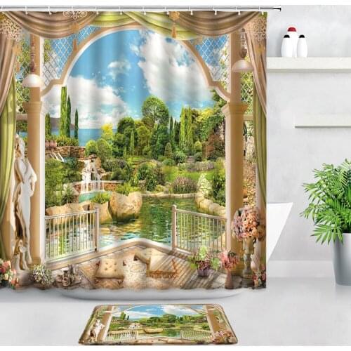 2PCS Ocean Garden Landscape Shower Curtain Set Carpet Tropical Green Plant Oil Painting Scenery Home Decor Non-slip Rug Bath Mat