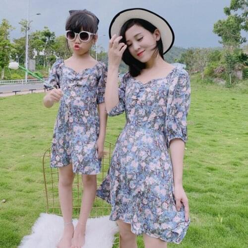 2020 short Floral sweet Summer Mother Daughter Dresses Mom Daughter Family Matching Clothes Girl Fashion Floral Printed Dress