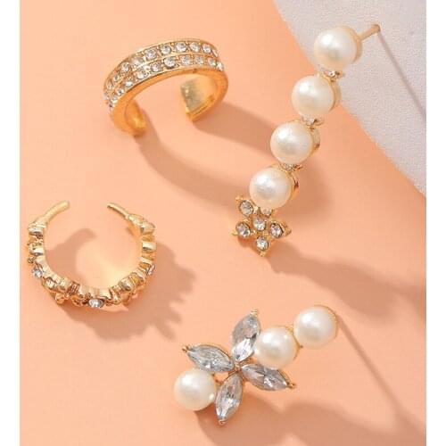 New Fashion Trendy Flowers Pearl CZ Crystal Ear Clip Cuff Wrap Earrings No Piercing-Clip On Cartilage Earrings for Women Girls