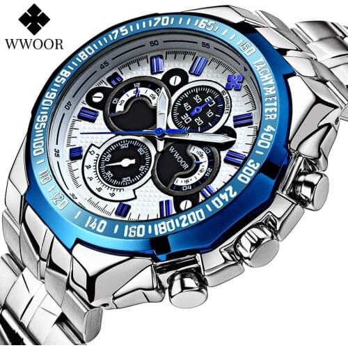WWOOR Luxury Brand Mens Watch Military Sports Big Dial Watch Man Stainless Steel Luminous Wrist Watch For Men Clock Reloj Hombre