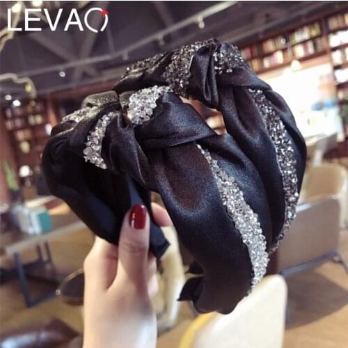 Levao Chic Rhinestone Hairband Elegant Hair Accessoriss Cross Knotted Headband Wide Satin Hair Hoop Bands Bezel Headdress