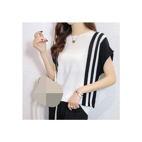 Striped short sleeve T-shirt womens loose sleeve top bottom coat summer new ice silk sweater thin tide oversized t shirt