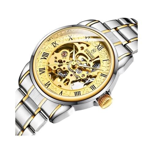 HVENSHI 2020 Rome Engraving Skeleton Casual Design Golden Case Watches Men Luxury Brand Automatic Mechanical Tourbillon Watches