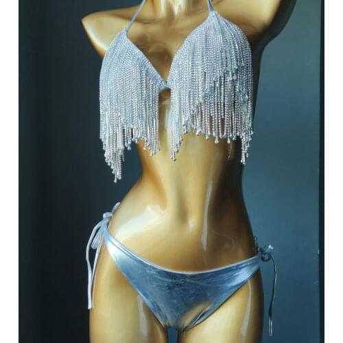 Sexy Bikini Set Women Halter Low Neckline Shiny Diamante Tassel Bra Crop Top High Cut Bandage Panties Rave Festival Biquini Sets
