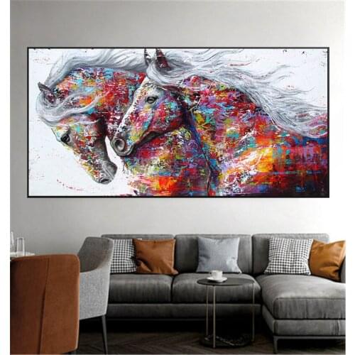 Colorful Two Running Horse Canvas Posters Art Animals Oil Paintings on The Wall Art Posters and Abstract Prints for Home Decor