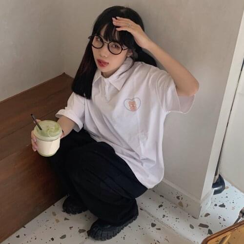 Summer college style polo lapel print half-sleeved mid-length loose cotton T-shirt all-match casual women