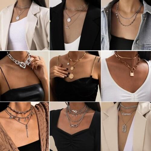 Fashion Multilayer Gold Silver Color Chains Necklaces Ladies Collar Sweater Metal Pendant Necklace Party Jewelry Gift