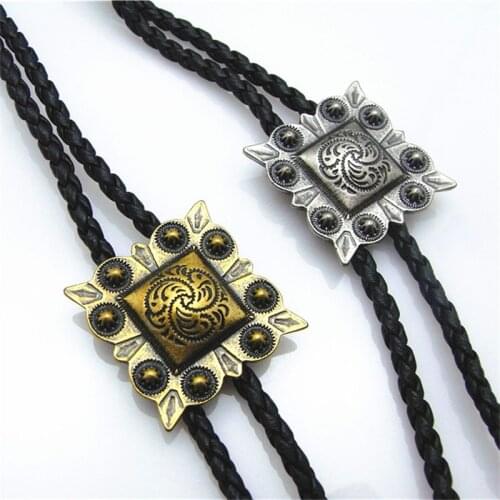 Bolo Tie New Square Retro Shirt Chain Pattern Poirot Rope Leather Necklace Long Tie Pendant
