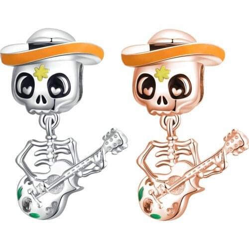 Fit Original Pandora Charms Bracelet Rose Silver Color Skeleton Playing Guitar Pendant DIY Jewelry for Women Halloween Gift Bead